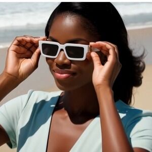 Women Square Sunglasses White Frame Black Lens Gold 100% UV Protection‎